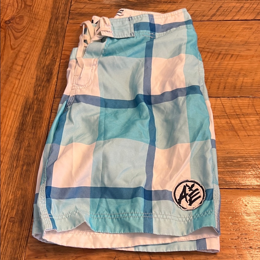 American Eagle Outfitters Light Blue and White Plaid Swim Trunks